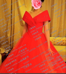 2024中国红色性感V领交叉包肩抓褶大蓬蓬裙歌唱比赛演出服装礼服