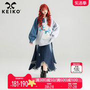 KEIKO 小众设计牛仔拼接灰色卫衣女2024春季卡通兔子宽松连帽外套