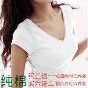 纯棉白色短袖t恤女夏装韩版修身V领打底衫半袖紧身纯色棉体恤上衣