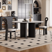 法式复古实木黑色圆形餐桌组合家用饭厅现代简约X白色岩板创