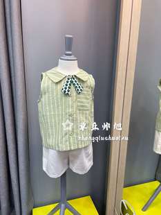 90-130码韩版童装夏款男童，绅士可拆领结竖条绿无袖，衬衫米短裤套装