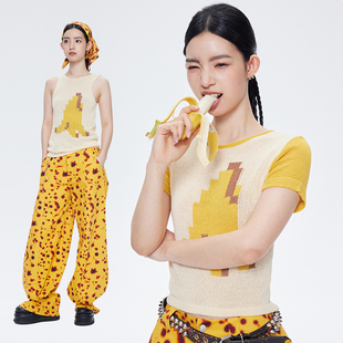 Oinkoink 原创设计香蕉提花短袖针织T恤女2024百搭短款上衣