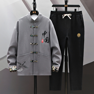 唐装男亚麻中式休闲套装，中国风长袖两件套复古风汉服棉麻居士服