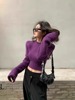 美式复古气质紫色针织衫女冬装今年流行短款毛衣独特修身上衣外套