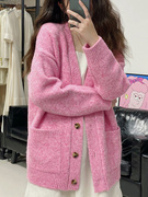 木兰唧唧温柔纯色玫红粉色，中长款盖屁股针织开衫，v领气质毛衣外套