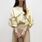 淡黄色纯棉圆领衬衣女式日系设计感灯笼袖上衣宽松显瘦七分袖衬衫