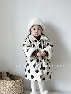 儿童棉服韩版冬季女童毛领加绒夹棉波点棉衣宝宝厚实长款棉袄