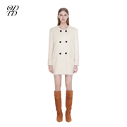 ODTD 设计师品牌23秋冬白色棕色羊毛双排扣中长款外套上衣女