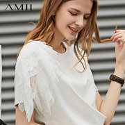 Amii夏季2024年白色圆领t恤短袖女士时尚蕾丝拼接宽松上衣