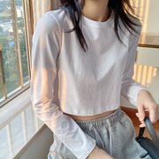 春秋季短装上衣韩版修身露脐短款白T恤女高腰棉质长袖打底衫