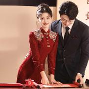 新中式旗袍敬酒服新娘长袖加绒加厚结婚回门红色订婚礼服女小个子