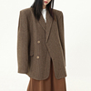 2024春季英伦风棕色复古条纹小西服，中长款宽松质感西装外套女
