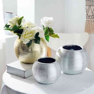 花瓶ins风电镀拉丝轻奢圆形陶瓷花瓶干花插花器北欧家居软装摆。