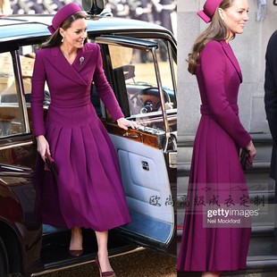 高级定制凯特王妃同款紫红色羊毛西装连衣裙女百褶裙修身名媛优雅