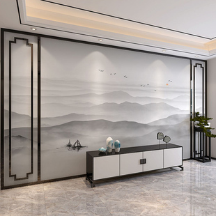 新中式电视背景墙壁纸现代简约山水墨画书房墙纸装饰壁布影视墙布