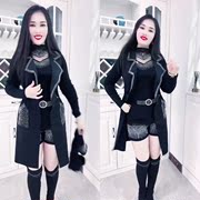 网红2023风衣外套中长款无袖马夹，黑色镶钻百搭宽松韩版上衣女套装