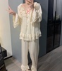 韩国新春女冰丝长袖套装睡衣家居服蕾丝拼接喇叭袖蝴蝶结点点印花