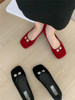 duxi韩国女鞋2024早春款，东大门绒面气质水钻方头，浅口软底红色单鞋