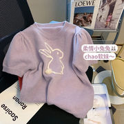 紫色小兔子泡泡袖毛衣女2023年春季小个子，韩风洋气短款上衣潮