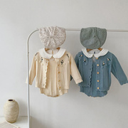 2024秋冬婴幼儿童宝宝毛衣套装花朵绣花长袖外套+棉针织背带哈衣