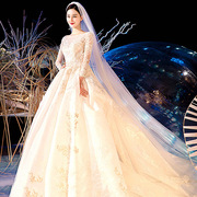 冬季新娘女公主结婚长袖，一字肩韩版绑带，齐地长拖尾婚纱礼服