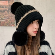 毛线帽子女冬天保暖护耳防风大头围加绒加厚毛球兔毛针织帽潮