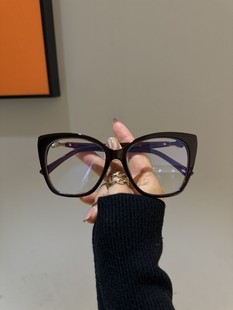 欧美奢华女板材素颜平光镜，2024黑色珍珠，边框猫眼眼镜可配近视
