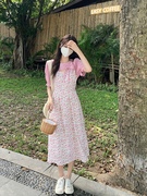 夏季2022韩版法式设计感镂空系带碎花桔梗长裙，假两件连衣裙女