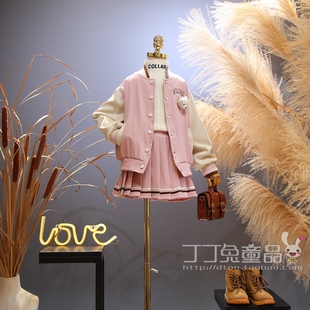 欧美女童装春秋季洋气刺绣棒球套裙韩版中大童运动休闲两件套