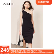 Amii2023春装优雅摩登斜肩领修身开叉连衣裙女显瘦裙子小黑裙