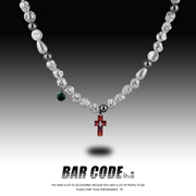 barcode红色十字架不规则珍珠项链，男女夏潮ins小众高级感锁骨链