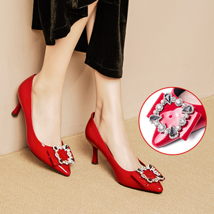 浓情漫宇法式气质红色高跟鞋女细跟时尚性感亮漆皮女鞋尖头单鞋女