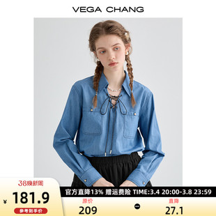 vegachang牛仔衬衫女设计感小众复古时尚系带长袖上衣2024春