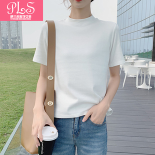 夏季韩版纯白纯色宽松休闲短袖，体恤上衣内搭女打底衫半高领