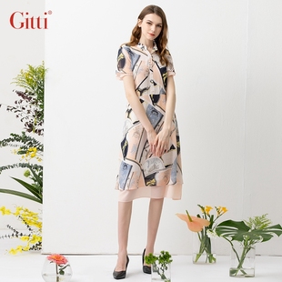 Gitti/吉蒂时尚印花荷叶边雪纺连衣裙修身显瘦气质女装G211039