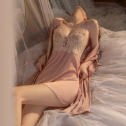 性感睡衣女春秋丝绸，长袖蕾丝花边诱惑露背吊带，睡裙新婚晨袍两件套