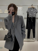 韩版灰色西装女外套2024春秋季撞线设计感宽松休闲小众小西服