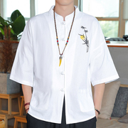 中国风棉麻男衬衫复古风，唐装夏季新中式立领，中山亚麻短袖半袖上衣