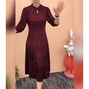红色改良版旗袍连衣裙春夏季2024年复古国风印花喜婆婆婚宴装