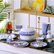 青花瓷碗碟喜庆56头中式景德镇陶瓷餐具套装骨瓷碗盘家用釉中彩