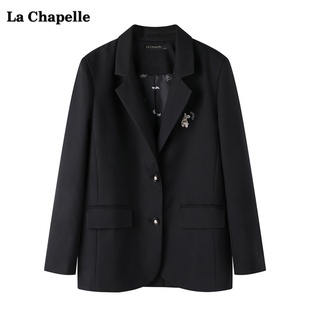 拉夏贝尔/La Chapelle黑色兔子刺绣西装外套女秋季宽松小西服上衣