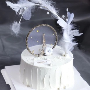ins风网红蛋糕装饰蕾丝，羽毛钻石铁塔环插件生日派对烘焙蛋糕装扮