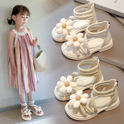 女童大花朵罗马凉鞋2024年夏季小女孩公主鞋韩版中大童时装鞋