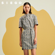 Siego/西蔻新中式中国风旗袍式系扣格子系腰短袖连衣裙女64213308