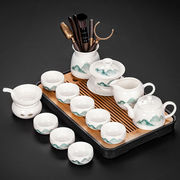 琦轩源羊脂玉白瓷功夫茶具套装带茶盘办公室家用千里江山盖碗茶杯