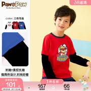 pawinpaw卡通小熊童装，秋款男童长袖t恤假两件时尚字母超人