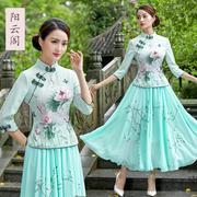 女上衣改良唐装两件套民族风复古荷花，印花旗袍套装裙中国风民国风