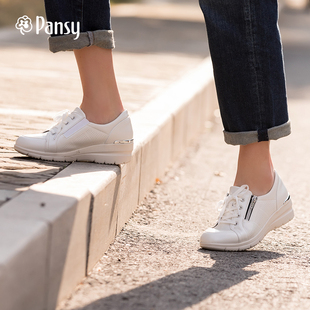 pansy日本女鞋绑带，厚底坡跟白色单鞋，透气运动休闲鞋春款7046