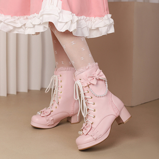 厂女童粉色高跟鞋儿童粗跟马丁靴，冬季加绒公主，风短靴2023靴新