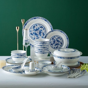 景德镇青花玲珑釉中彩餐具套装56头家用碗盘勺组合中式碗碟套装